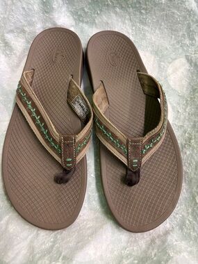 Chaco Men's Brown Flip-Flops with Teal Stitching